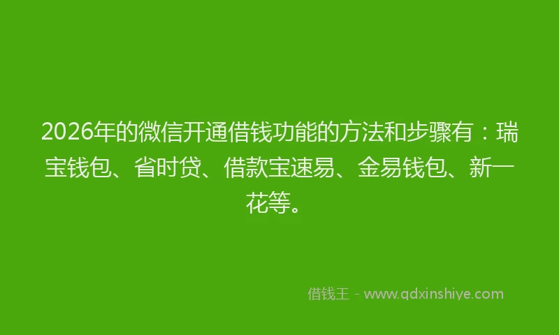 2026年的微信开通借钱功能的方法和步骤有：瑞宝钱包、省时贷、借款宝速易、金易钱包、新一花等。