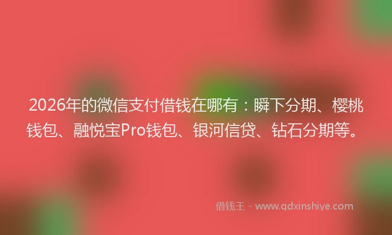 2026年的微信支付借钱在哪有：瞬下分期、樱桃钱包、融悦宝Pro钱包、银河信贷、钻石分期等。