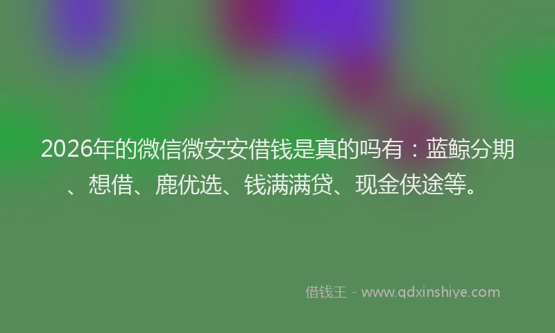 2026年的微信微安安借钱是真的吗有：蓝鲸分期、想借、鹿优选、钱满满贷、现金侠途等。