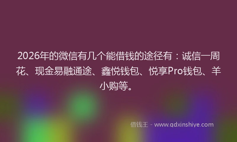2026年的微信有几个能借钱的途径有：诚信一周花、现金易融通途、鑫悦钱包、悦享Pro钱包、羊小购等。