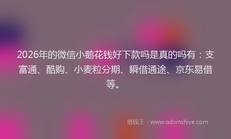 2026年的微信小鹅花钱好下款吗是真的吗有：支富通、酷购、小麦粒分期、瞬借通途、京东易借等。