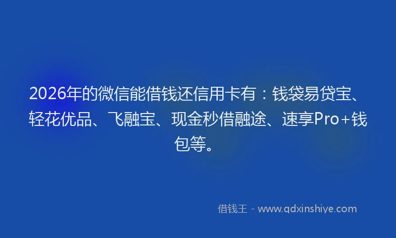 2026年的微信能借钱还信用卡有：钱袋易贷宝、轻花优品、飞融宝、现金秒借融途、速享Pro+钱包等。