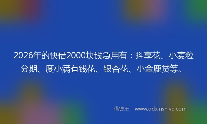 2026年的快借2000块钱急用有：抖享花、小麦粒分期、度小满有钱花、银杏花、小金鹿贷等。