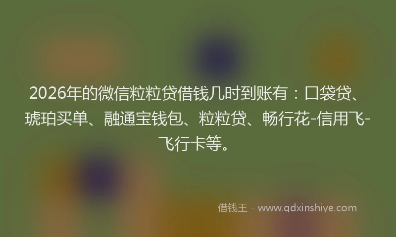2026年的微信粒粒贷借钱几时到账有：口袋贷、琥珀买单、融通宝钱包、粒粒贷、畅行花-信用飞-飞行卡等。