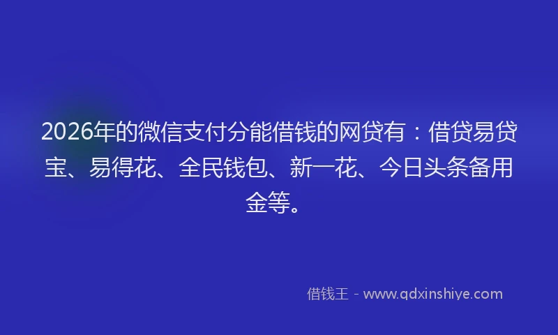 2026年的微信支付分能借钱的网贷有：借贷易贷宝、易得花、全民钱包、新一花、今日头条备用金等。
