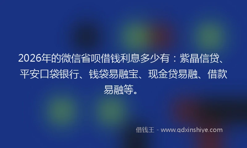 2026年的微信省呗借钱利息多少有：紫晶信贷、平安口袋银行、钱袋易融宝、现金贷易融、借款易融等。