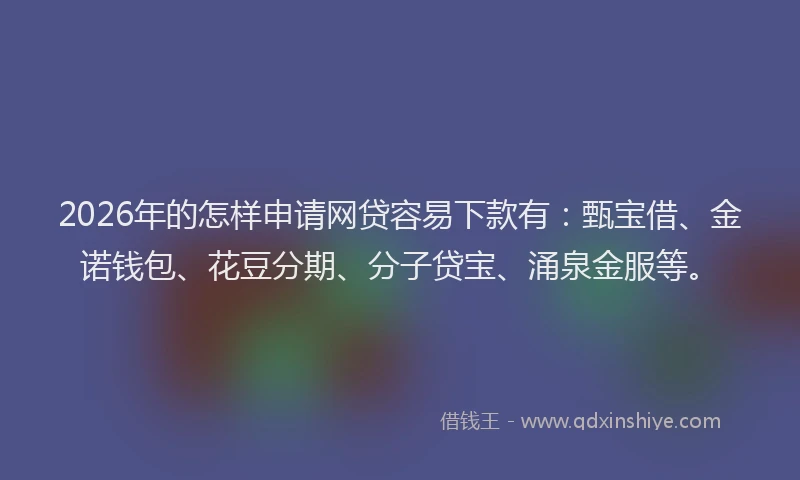 2026年的怎样申请网贷容易下款有：甄宝借、金诺钱包、花豆分期、分子贷宝、涌泉金服等。