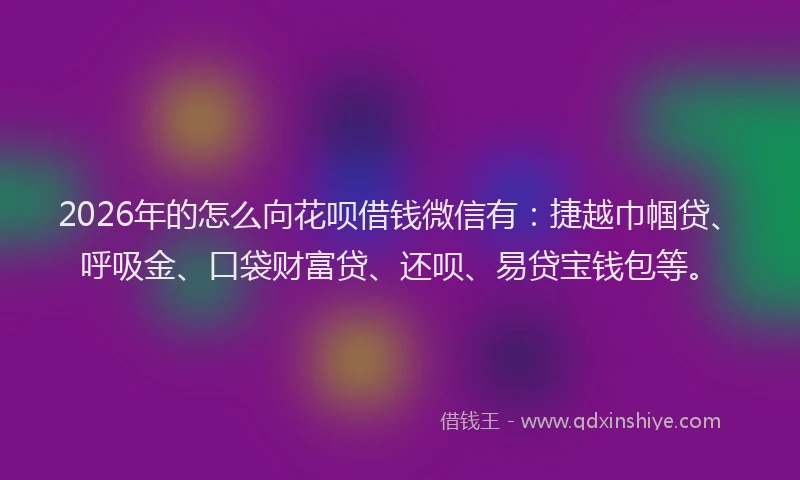 2026年的怎么向花呗借钱微信有:捷越巾帼贷、呼吸金、口袋财富贷、还呗、易贷宝钱包等。