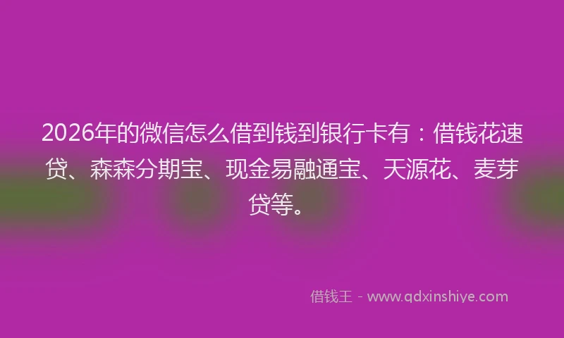 2026年的微信怎么借到钱到银行卡有：借钱花速贷、森森分期宝、现金易融通宝、天源花、麦芽贷等。
