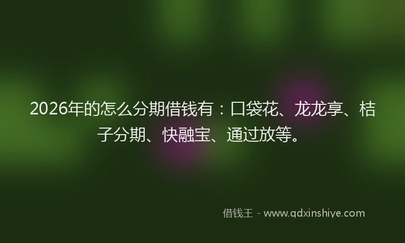 2026年的怎么分期借钱有:口袋花、龙龙享、桔子分期、快融宝、通过放等。