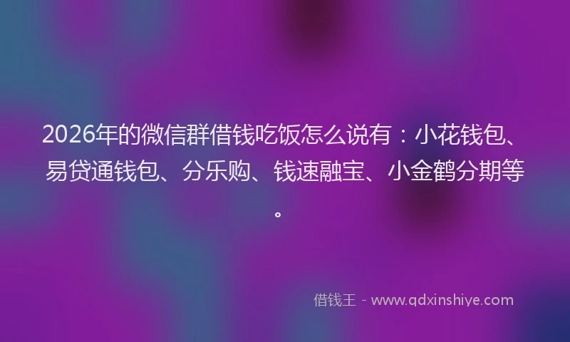 2026年的微信群借钱吃饭怎么说有：小花钱包、易贷通钱包、分乐购、钱速融宝、小金鹤分期等。