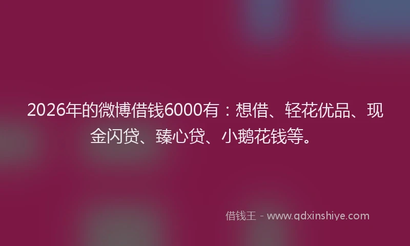 2026年的微博借钱6000有：想借、轻花优品、现金闪贷、臻心贷、小鹅花钱等。