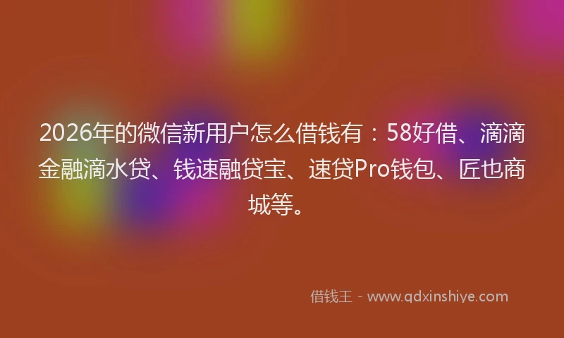 2026年的微信新用户怎么借钱有：58好借、滴滴金融滴水贷、钱速融贷宝、速贷Pro钱包、匠也商城等。
