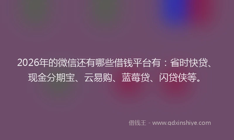 2026年的微信还有哪些借钱平台有：省时快贷、现金分期宝、云易购、蓝莓贷、闪贷侠等。