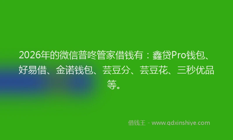 2026年的微信普咚管家借钱有：鑫贷Pro钱包、好易借、金诺钱包、芸豆分、芸豆花、三秒优品等。