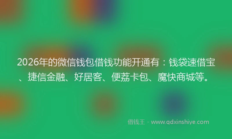2026年的微信钱包借钱功能开通有：钱袋速借宝、捷信金融、好居客、便荔卡包、魔快商城等。