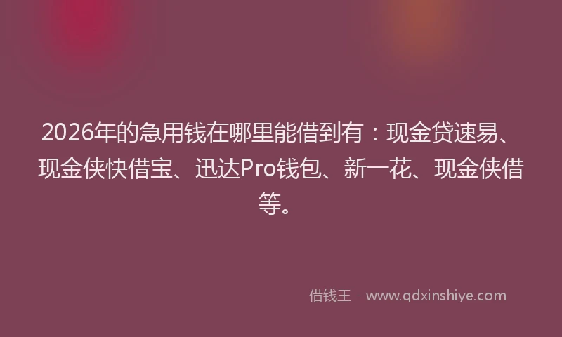 2026年的急用钱在哪里能借到有：现金贷速易、现金侠快借宝、迅达Pro钱包、新一花、现金侠借等。