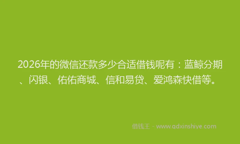 2026年的微信还款多少合适借钱呢有：蓝鲸分期、闪银、佑佑商城、信和易贷、爱鸿森快借等。