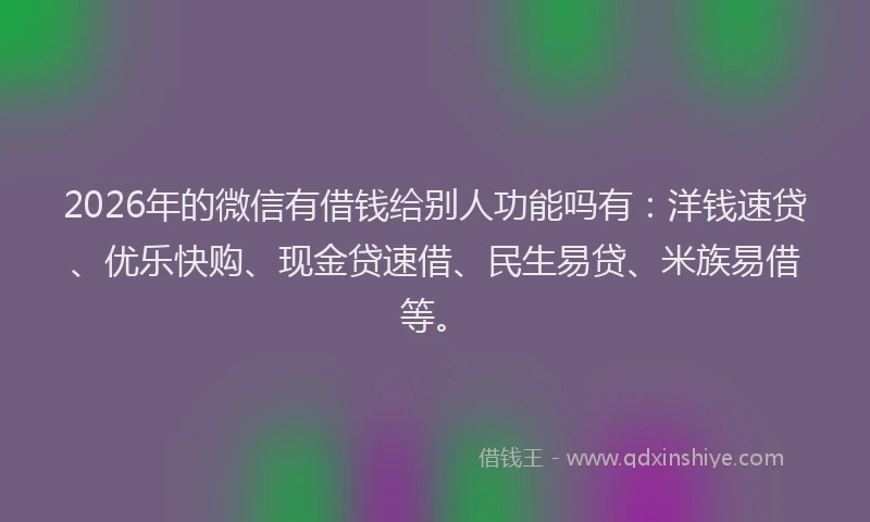 2026年的微信有借钱给别人功能吗有：洋钱速贷、优乐快购、现金贷速借、民生易贷、米族易借等。