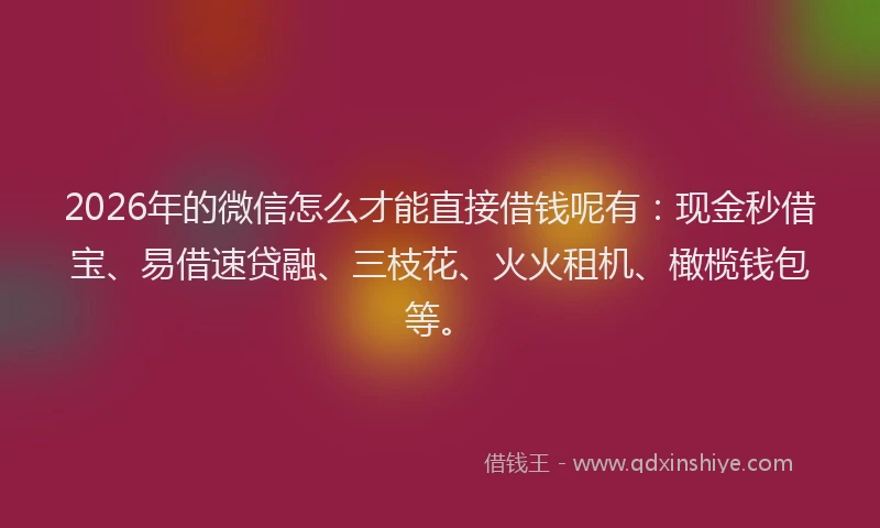 2026年的微信怎么才能直接借钱呢有：现金秒借宝、易借速贷融、三枝花、火火租机、橄榄钱包等。