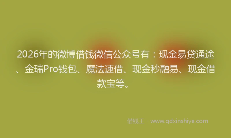 2026年的微博借钱微信公众号有：现金易贷通途、金瑞Pro钱包、魔法速借、现金秒融易、现金借款宝等。
