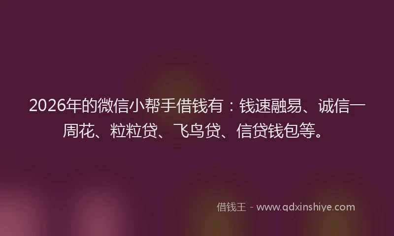 2026年的微信小帮手借钱有：钱速融易、诚信一周花、粒粒贷、飞鸟贷、信贷钱包等。