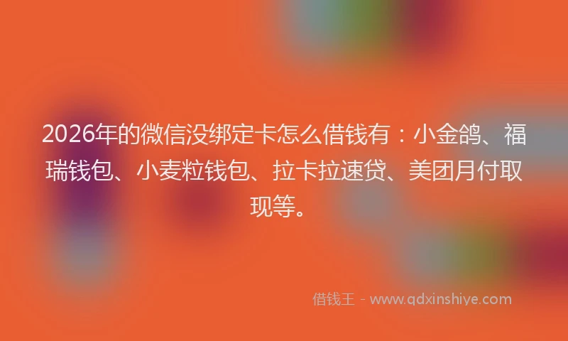2026年的微信没绑定卡怎么借钱有：小金鸽、福瑞钱包、小麦粒钱包、拉卡拉速贷、美团月付取现等。