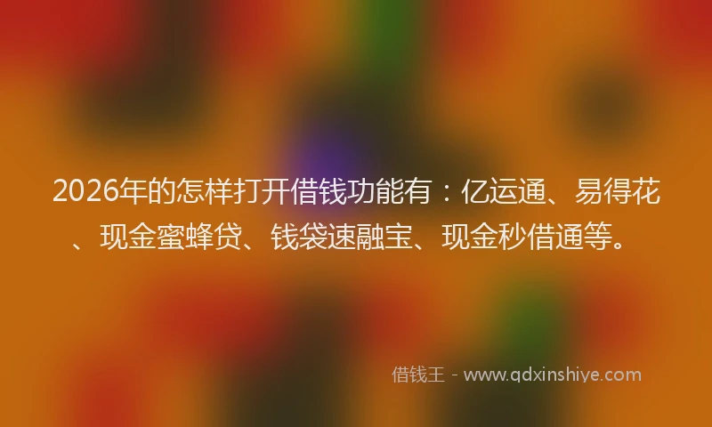 2026年的怎样打开借钱功能有：亿运通、易得花、现金蜜蜂贷、钱袋速融宝、现金秒借通等。