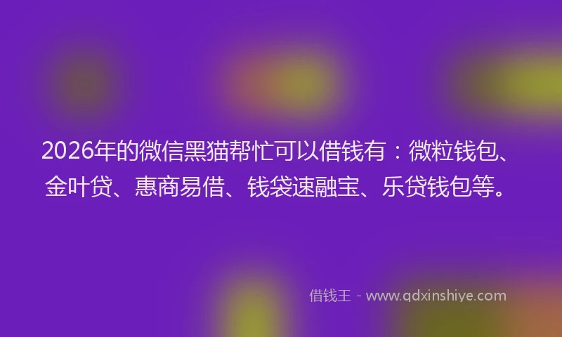 2026年的微信黑猫帮忙可以借钱有：微粒钱包、金叶贷、惠商易借、钱袋速融宝、乐贷钱包等。