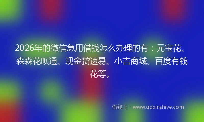 2026年的微信急用借钱怎么办理的有：元宝花、森森花呗通、现金贷速易、小吉商城、百度有钱花等。
