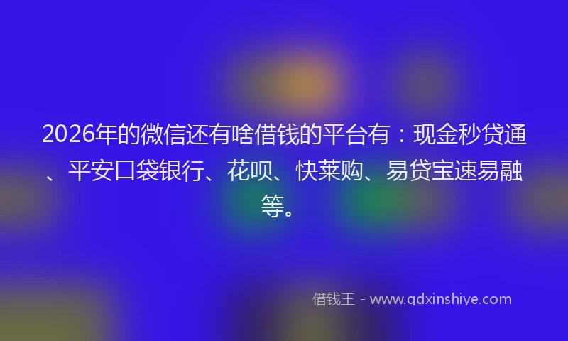 2026年的微信还有啥借钱的平台有：现金秒贷通、平安口袋银行、花呗、快莱购、易贷宝速易融等。
