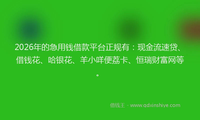 2026年的急用钱借款平台正规有:现金流速贷、借钱花、哈银花、羊小咩便荔卡、恒瑞财富网等。