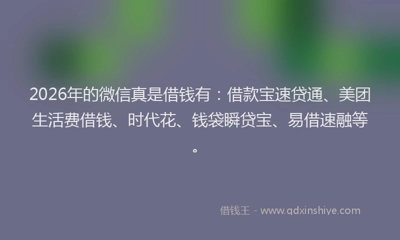2026年的微信真是借钱有：借款宝速贷通、美团生活费借钱、时代花、钱袋瞬贷宝、易借速融等。