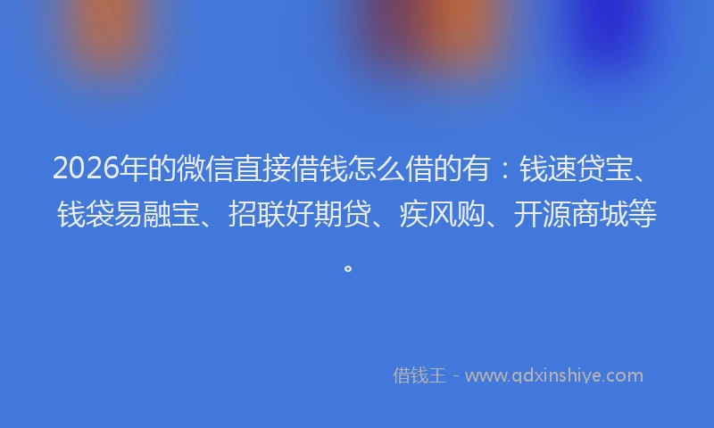 2026年的微信直接借钱怎么借的有：钱速贷宝、钱袋易融宝、招联好期贷、疾风购、开源商城等。