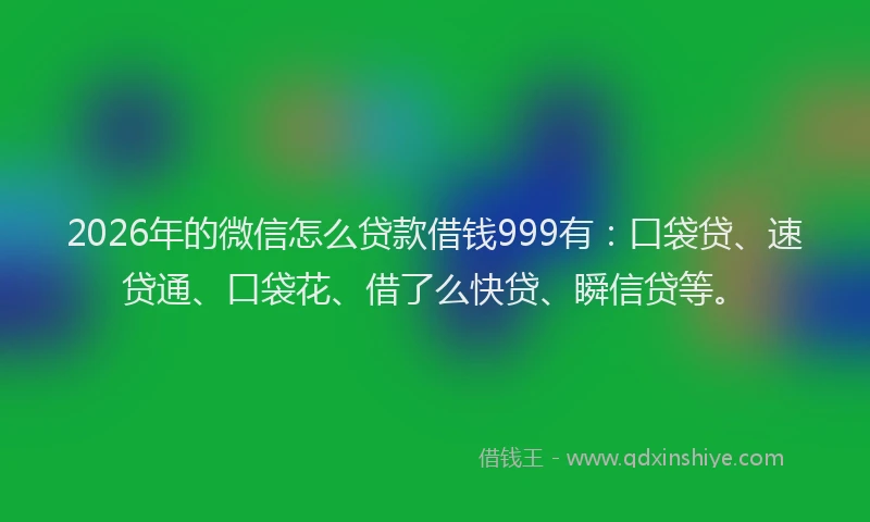 2026年的微信怎么贷款借钱999有：口袋贷、速贷通、口袋花、借了么快贷、瞬信贷等。