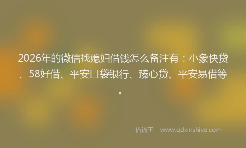 2026年的微信找媳妇借钱怎么备注有：小象快贷、58好借、平安口袋银行、臻心贷、平安易借等。