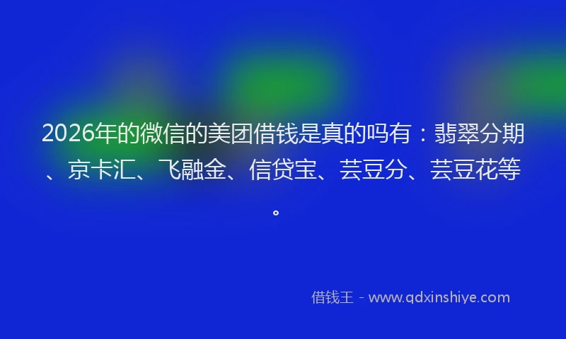 2026年的微信的美团借钱是真的吗有：翡翠分期、京卡汇、飞融金、信贷宝、芸豆分、芸豆花等。
