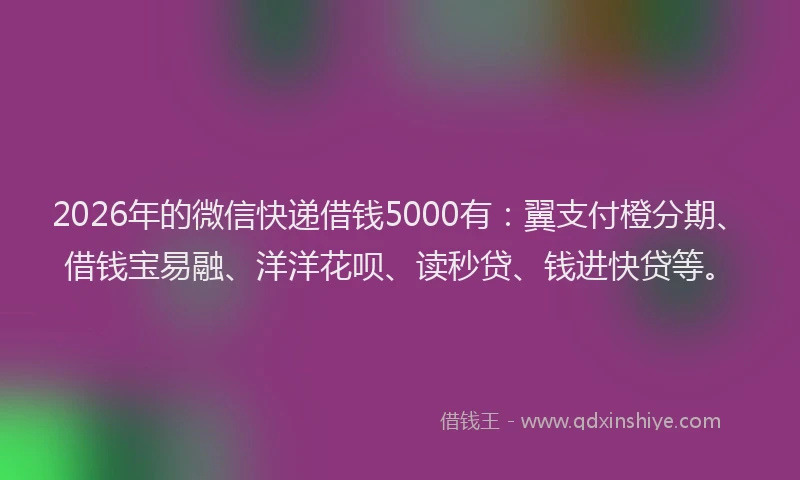 2026年的微信快递借钱5000有：翼支付橙分期、借钱宝易融、洋洋花呗、读秒贷、钱进快贷等。