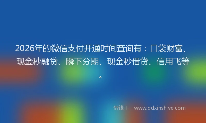 2026年的微信支付开通时间查询有：口袋财富、现金秒融贷、瞬下分期、现金秒借贷、信用飞等。