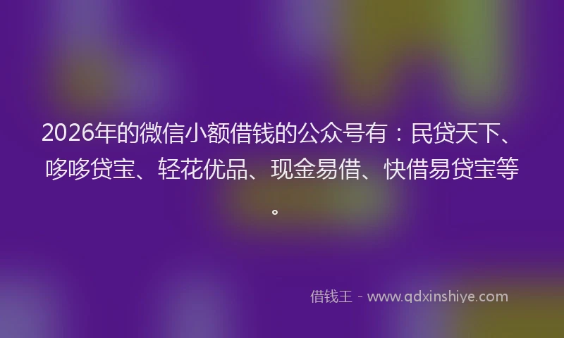 2026年的微信小额借钱的公众号有：民贷天下、哆哆贷宝、轻花优品、现金易借、快借易贷宝等。