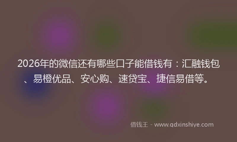 2026年的微信还有哪些口子能借钱有：汇融钱包、易橙优品、安心购、速贷宝、捷信易借等。