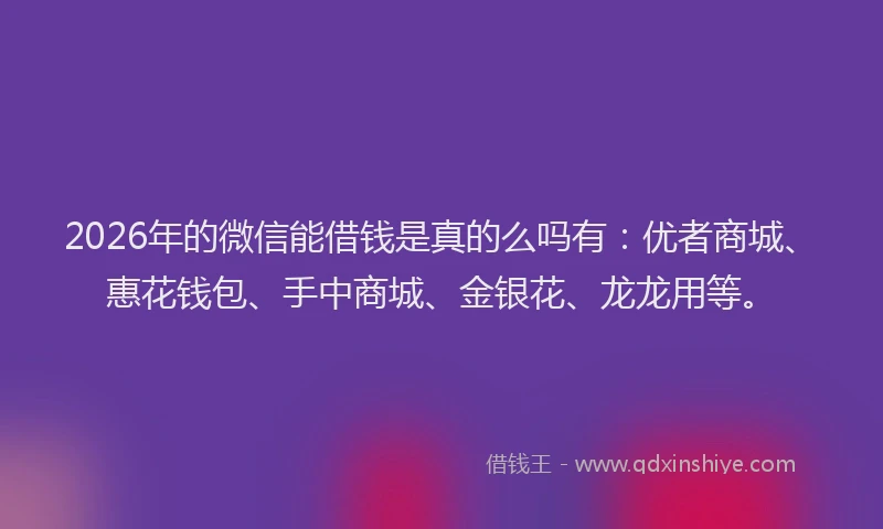 2026年的微信能借钱是真的么吗有：优者商城、惠花钱包、手中商城、金银花、龙龙用等。