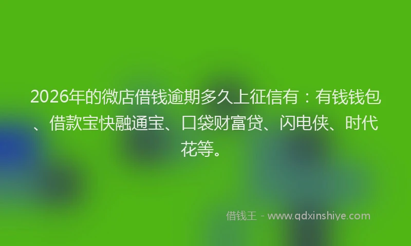 2026年的微店借钱逾期多久上征信有：有钱钱包、借款宝快融通宝、口袋财富贷、闪电侠、时代花等。