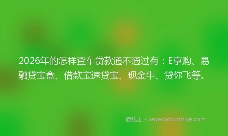 2026年的怎样查车贷款通不通过有：E享购、易融贷宝盒、借款宝速贷宝、现金牛、贷你飞等。