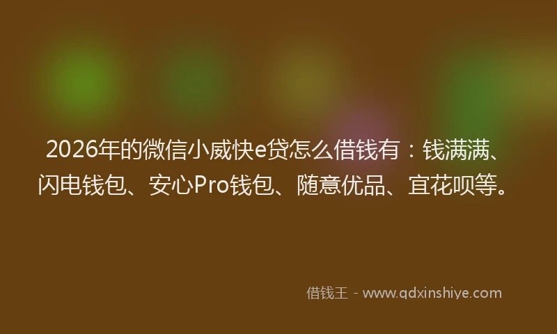 2026年的微信小威快e贷怎么借钱有：钱满满、闪电钱包、安心Pro钱包、随意优品、宜花呗等。