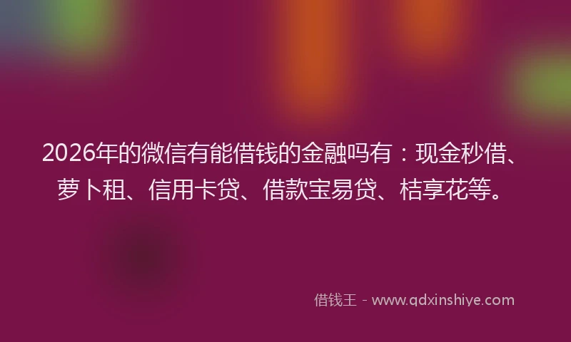 2026年的微信有能借钱的金融吗有：现金秒借、萝卜租、信用卡贷、借款宝易贷、桔享花等。