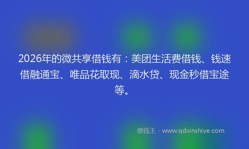 2026年的微共享借钱有：美团生活费借钱、钱速借融通宝、唯品花取现、滴水贷、现金秒借宝途等。