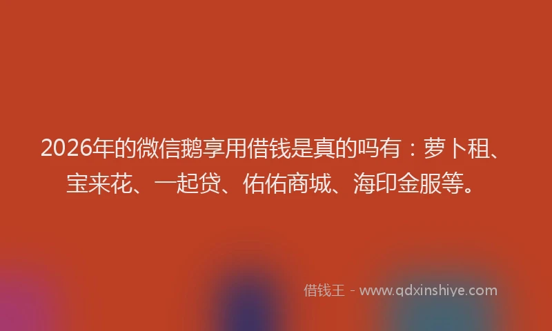 2026年的微信鹅享用借钱是真的吗有：萝卜租、宝来花、一起贷、佑佑商城、海印金服等。