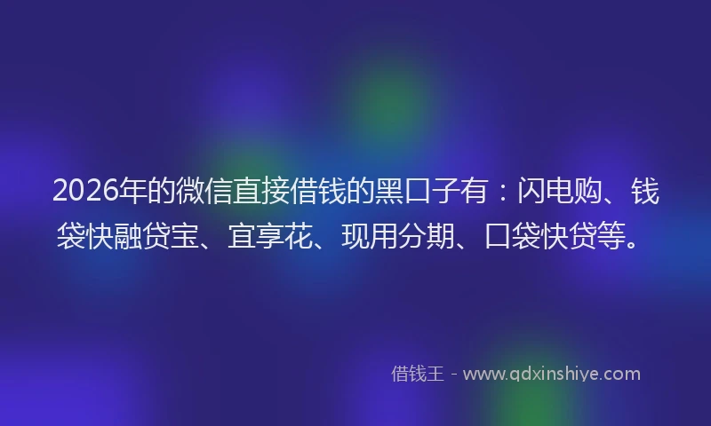 2026年的微信直接借钱的黑口子有：闪电购、钱袋快融贷宝、宜享花、现用分期、口袋快贷等。