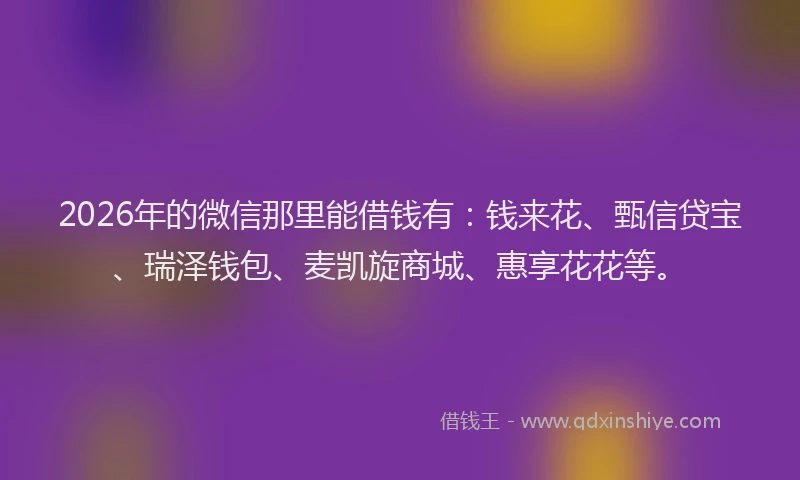 2026年的微信那里能借钱有：钱来花、甄信贷宝、瑞泽钱包、麦凯旋商城、惠享花花等。